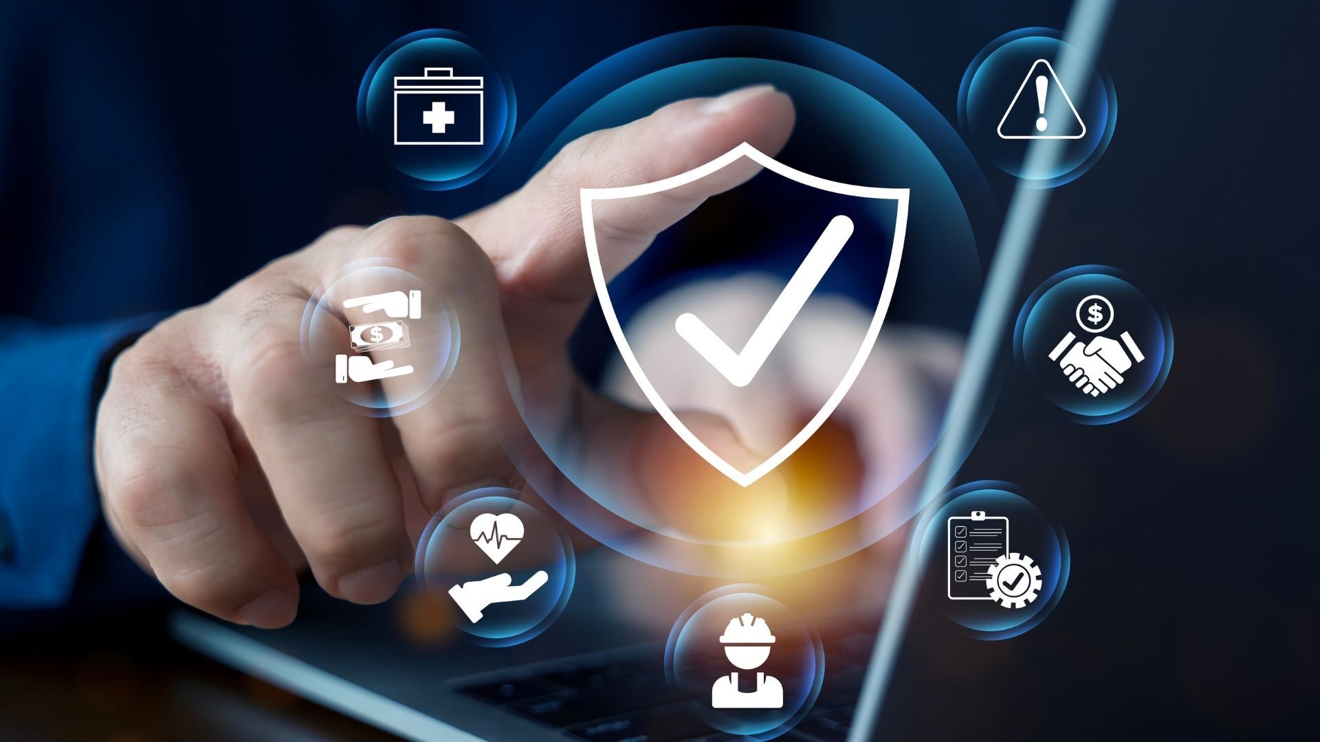 a hand touching a screen with icons on it