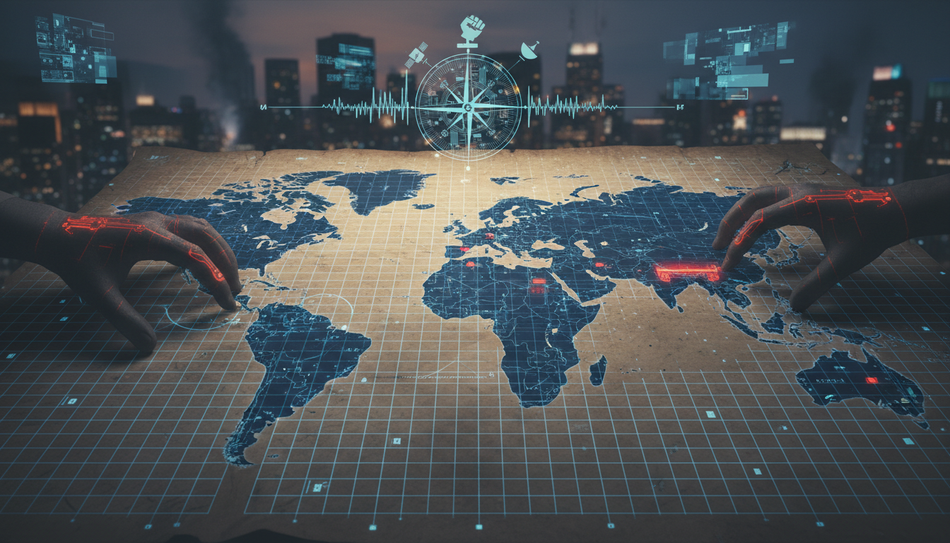 A geopolitical map overlayed with cyber imagery