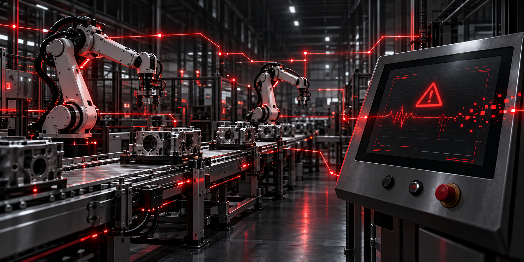 Linea di produzione robotizzata industriale con un avviso di sicurezza informatica in rosso su un pannello di controllo OT, che illustra le minacce rappresentate dal ransomware per il settore manifatturiero.